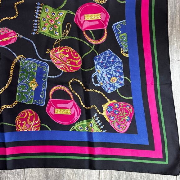 Vintage Talbots pure silk scarf black & gem tones large square handbags motif - Picture 3 of 10